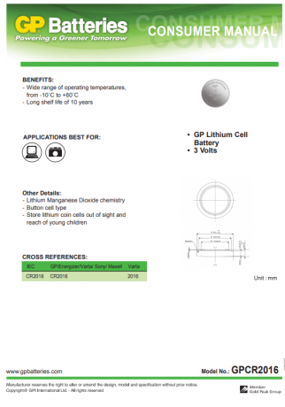 Батарейка литиевая GP Lithium СR2016 3V