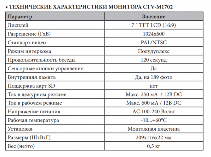 Монитор видеодомофона CTV-M1702 W (белый) (960H) 7", сенсорные кнопки