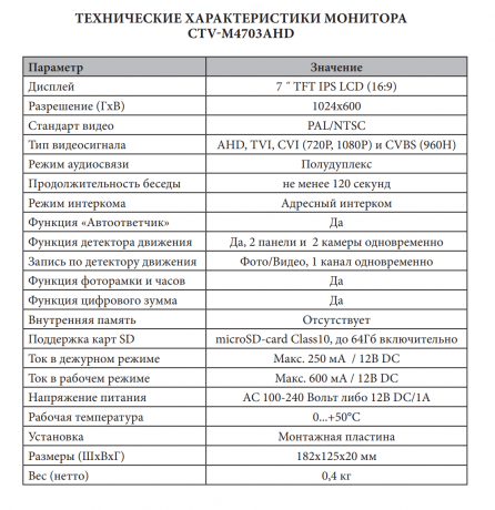 Монитор видеодомофона CTV-M4703AHD W (белый) (720P|1080P|960H) 7" IPS, сенсорные кнопки