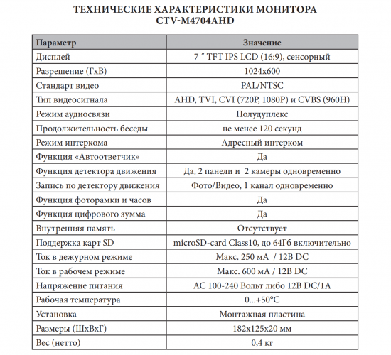 Монитор видеодомофона CTV-M4704AHD G (графит) (720P|1080P|960H) 7" IPS сенсорный дисплей