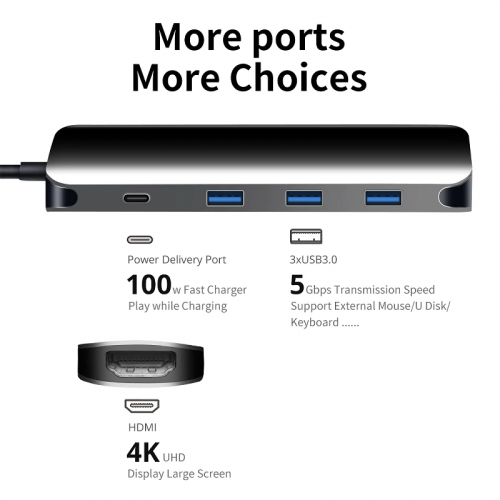 Преобразователь Snowkids USB-C to HDMI + USB 3.0 x3, USB C с функцией Power Delivery