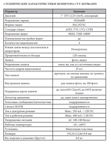 Монитор видеодомофона CTV-M4706AHD W (белый) (720P|1080P|960H) 7" IPS, сенсорный дисплей