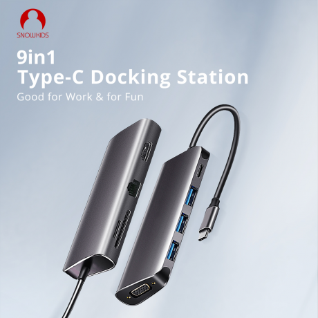 Преобразователь Snowkids USB-C to HDMI, VGA, RJ45, USB 3.0 x3, SD, Micro SD, USB C с функцией Power Delivery