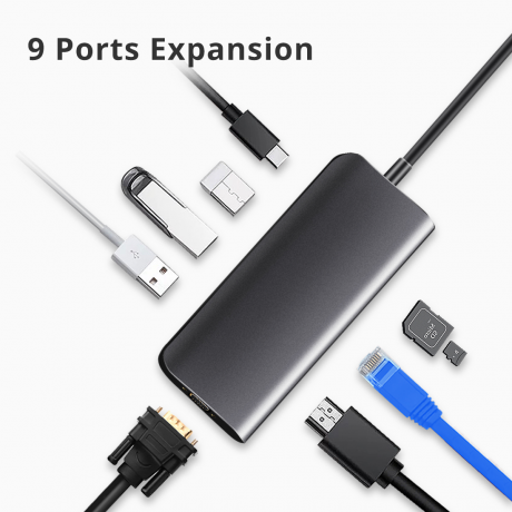 Преобразователь Snowkids USB-C to HDMI, VGA, RJ45, USB 3.0 x3, SD, Micro SD, USB C с функцией Power Delivery