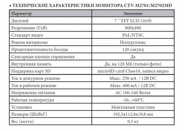 Монитор видеодомофона CTV-M2702MD W (белый) (960H) 7" IPS, сенсорные кнопки